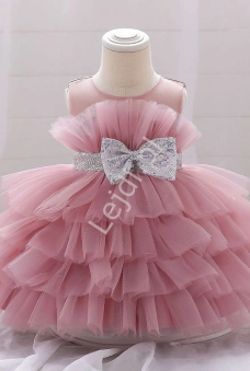 Pustynno różowa sukienka dziecięca, tiulowa z falbanami na spódnicy
