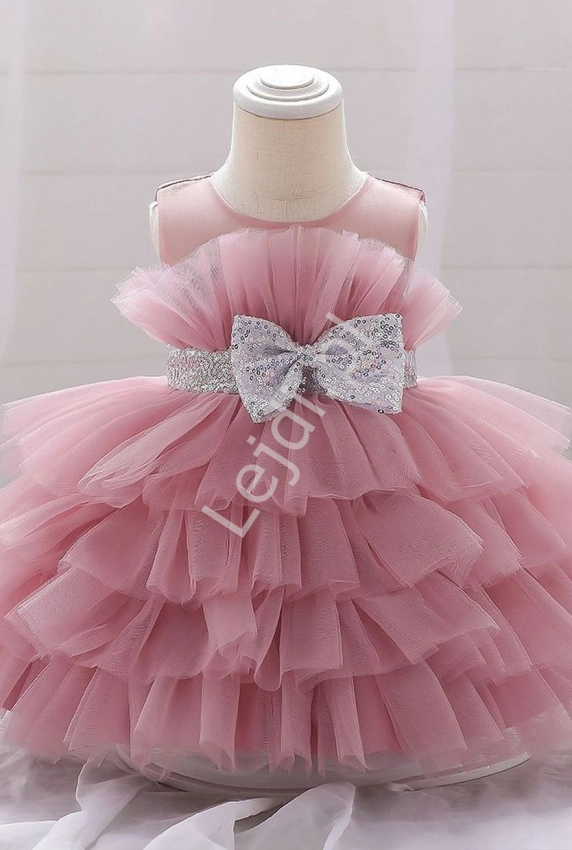Pustynno różowa sukienka dziecięca, tiulowa z falbanami na spódnicy 2103