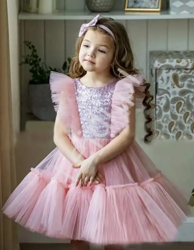 Pustynno różowa sukienka dziecięca z cekinami 086