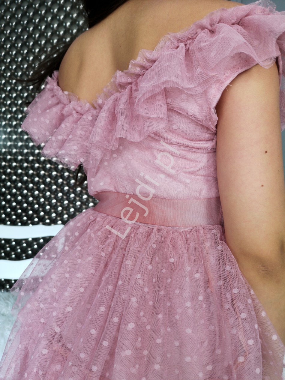 Pustynno różowa sukienka tiulowa z falbankami w groszki Bella