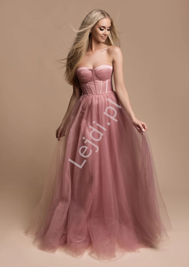 Pustynno różowa sukienka tiulowa z gorsetową górą, wieczorowa sukienka na wesele, dla druhny, na studniówkę 2392