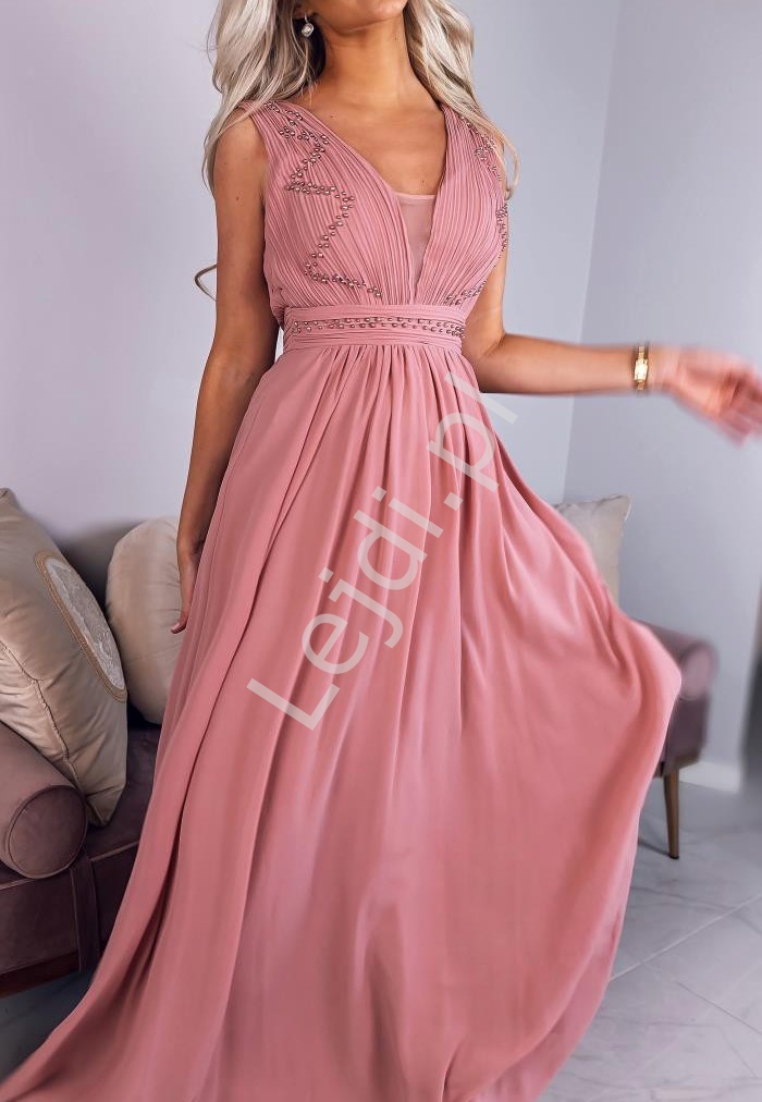 Pustynno różowa sukienka wieczorowa z zdobieniem sztucznymi perełkami 1352 - Lejdi
