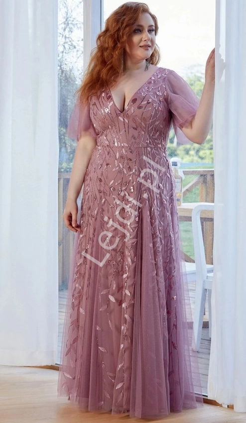 Pustynno różowa wieczorowa sukienka plus size z cekinami 0734
