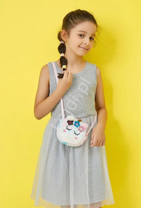 Puszysta mała torebka dla dziewczynki, okrągła torebka jednorożec kolorowy