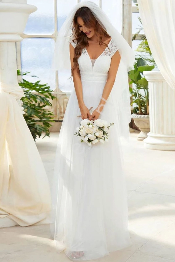 Romantyczna suknia ślubna z koronkową górą, ślubna suknia z welonem 0217