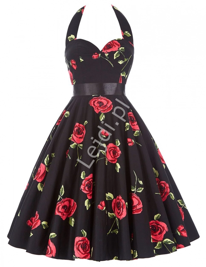 Rozkloszowana sukienka pin-up wiązana na szyi, czarna w róże, lata 60-te,70-te, 6075