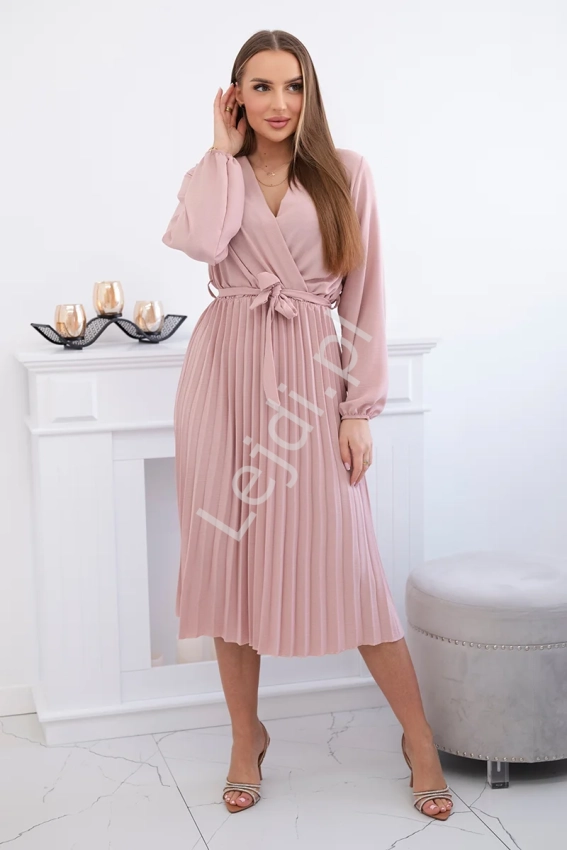 Różowa elegancka sukienka szyfonowa z plisowaną spódnicą, modna sukienka na święta, komunię 1027M