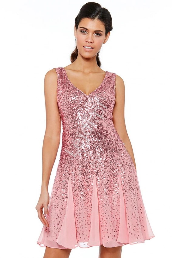 Różowa krótka sukienka cekinowa na sylwestra, wesele, bal 963