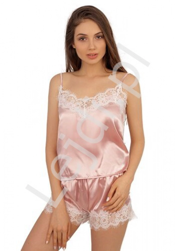  Różowa satynowa piżama z białą koronką 