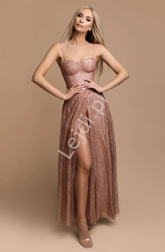 Różowa sukienka brokatowa z gorsetową górą, wieczorowa sukienka na wesele, na Sylwestra 2329