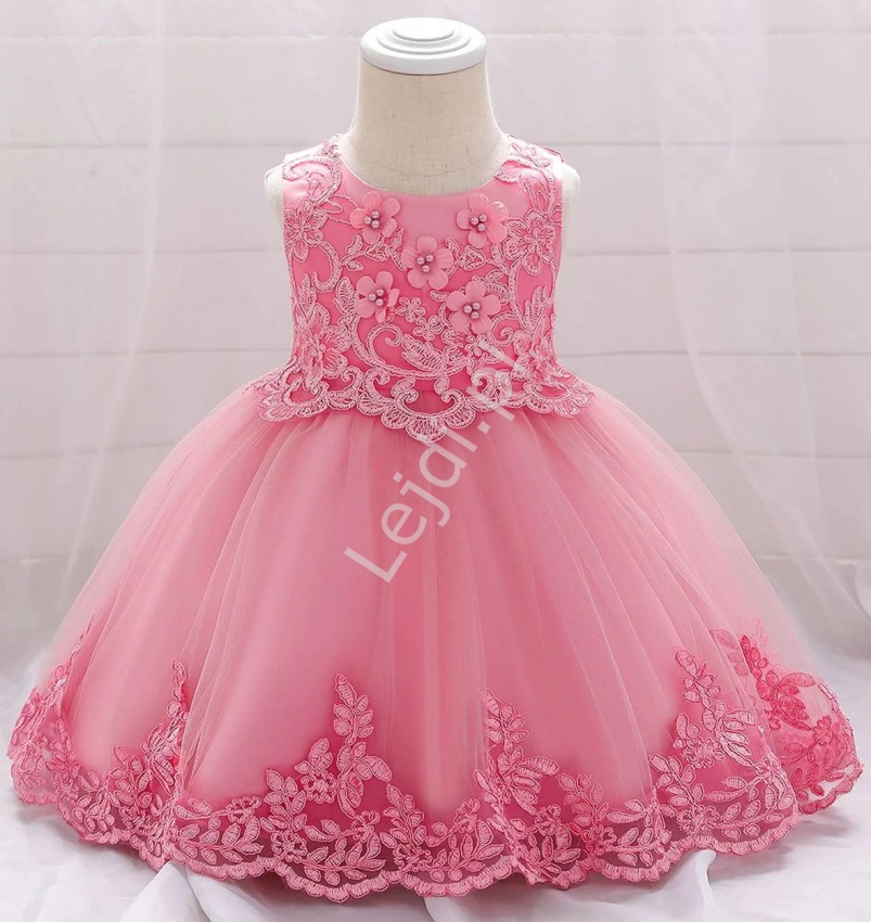 Różowa sukienka dla dziewczynki z kwiatkami i koralikami 097