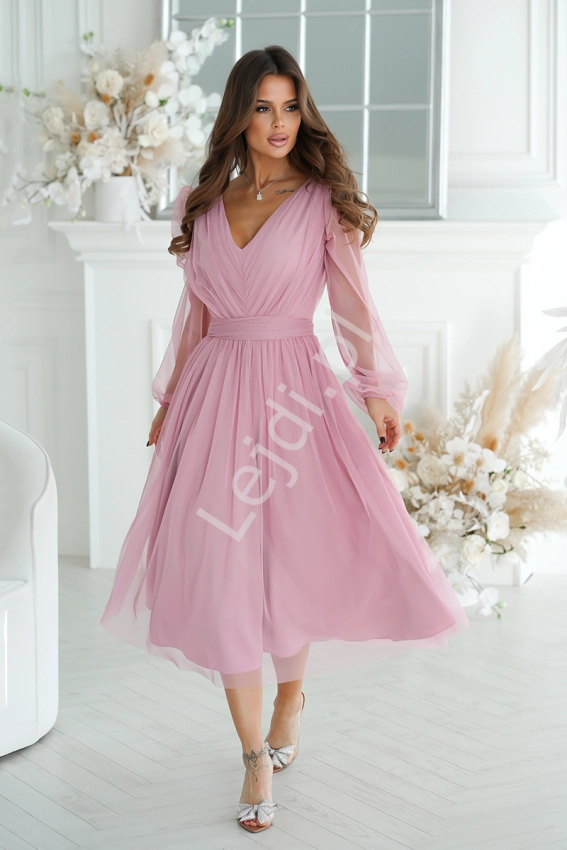 Różowa sukienka midi z długim rękawkiem na wesele, na komunię, chrzciny HB269