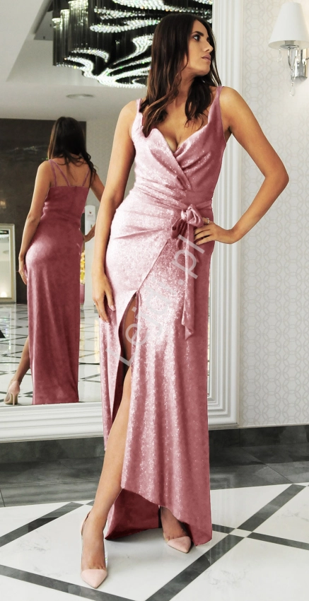 Różowa suknia wieczorowa z metalicznej tkaniny z brokatem, m438