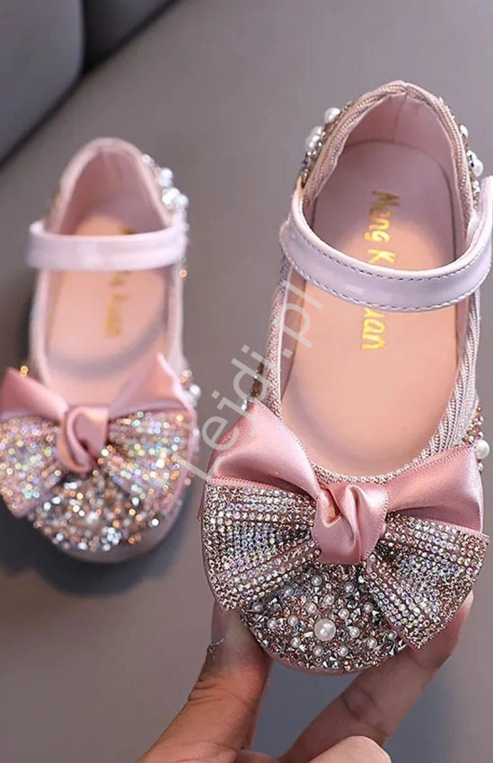 Różowe buty dla dziewczynki z kryształkami i sztucznymi perełkami, dziecięce buty na wesele, na bal, na chrzest