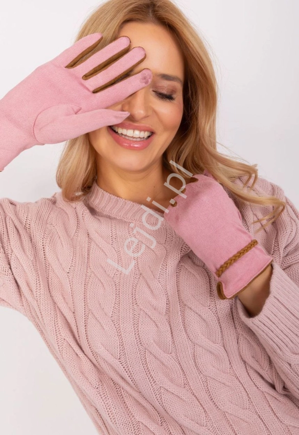 Różowe rękawiczki damskie z brązowymi wstawkami 238601