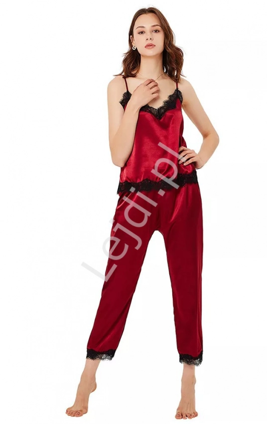 Satynowa piżama z koronką, koszulka + długie spodnie 0031