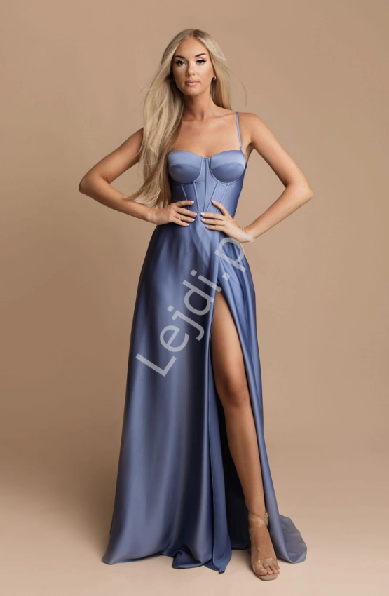 Satynowa sukienka wieczorowa w oryginalnym kolorze niebieski jeans 2331