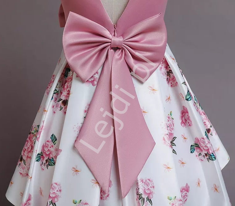 Satynowo bawełniana sukienka dla dziewczynki z kwiatkami