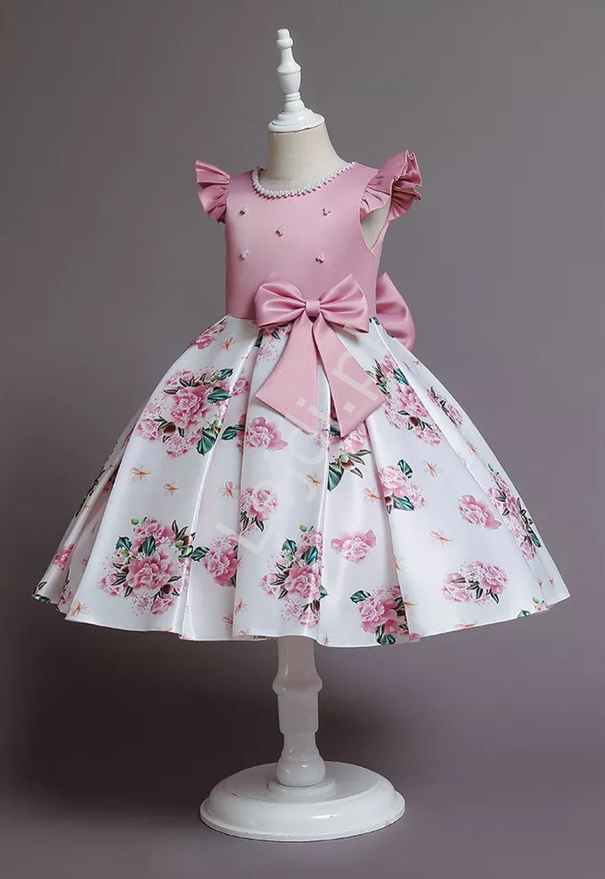 Satynowo bawełniana sukienka dla dziewczynki z kwiatkami