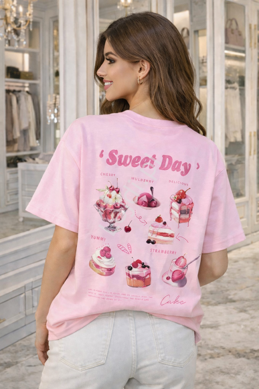 Słodka różowa koszulka Sweet Day z nadurkiem lodów, babeczek, tortów na plecach