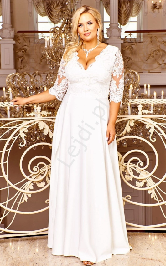 Ślubna suknia plus size w kolorze ecru z koronkową górą zdobioną cekinami - Crystal 