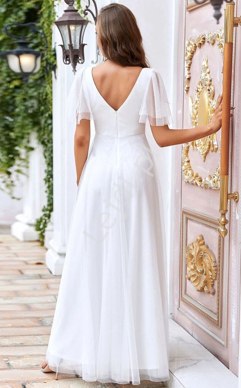 Ślubna suknia w romantycznym stylu, tiulowa sukienka ślubna z brokatem