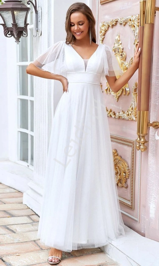Ślubna suknia w romantycznym stylu, tiulowa sukienka ślubna z brokatem 0278