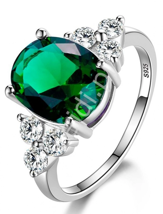 Posrebrzany pierścionek 925 z zielonym oczkiem cyrkonią AAA+