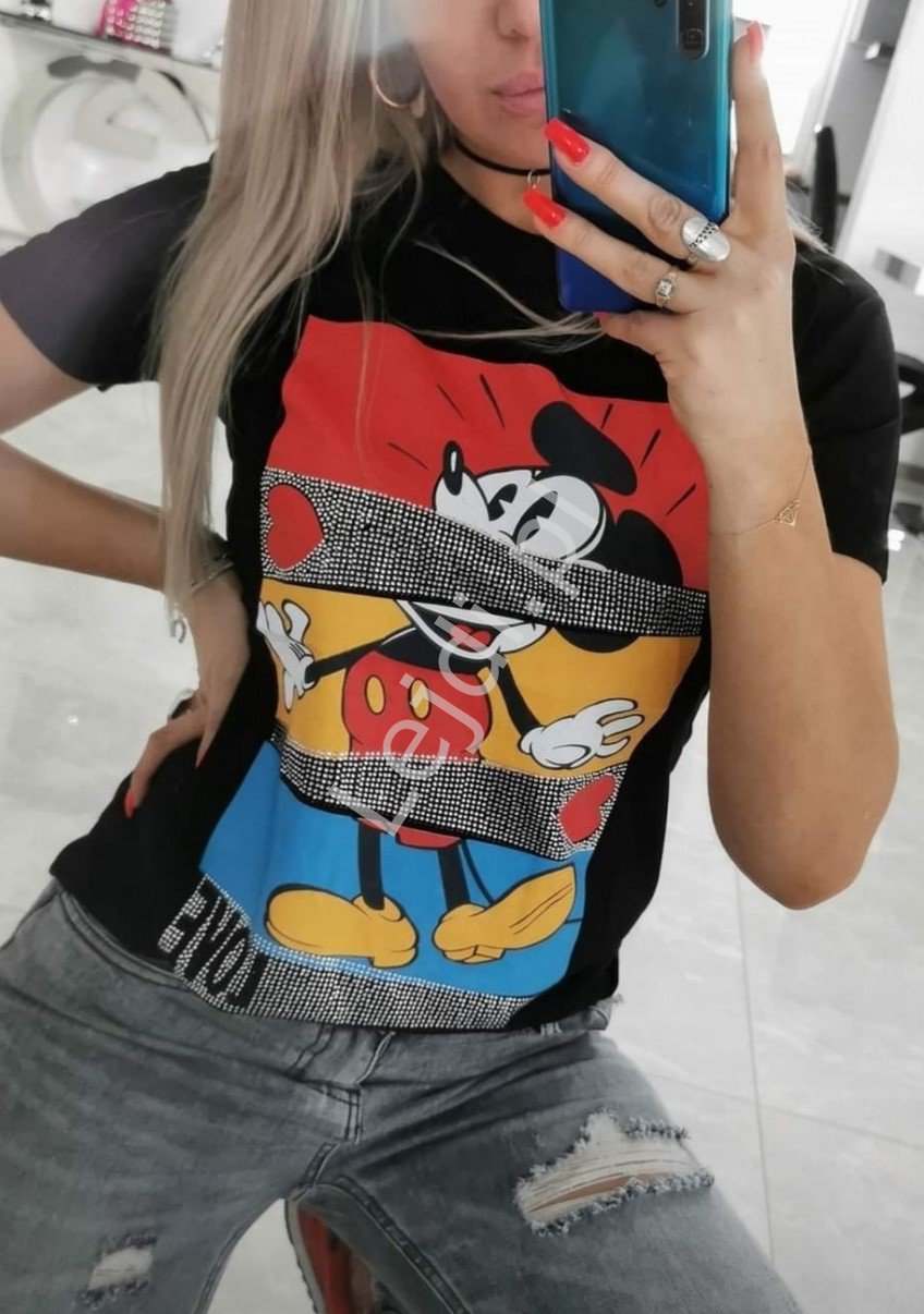 Stylowa czarna koszulka damska z myszką miki z cyrkoniami, zdobiony t-shirt z napisem Love - Lejdi