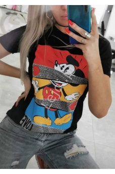 Stylowa koszulka damska z myszką miki z cyrkoniami, zdobiony t-shirt z napisem Love