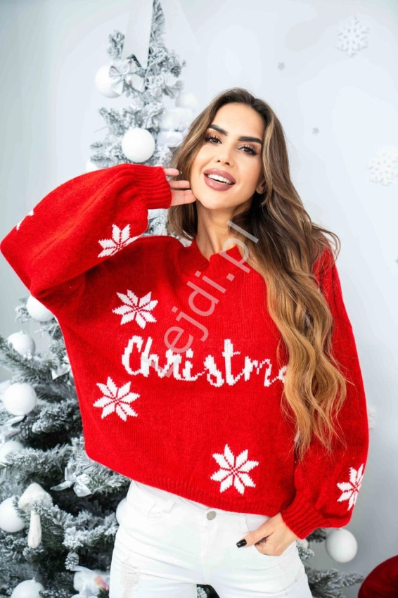 Stylowy sweter damski w czerwonym kolorze, świąteczny sweter Christmas  6210