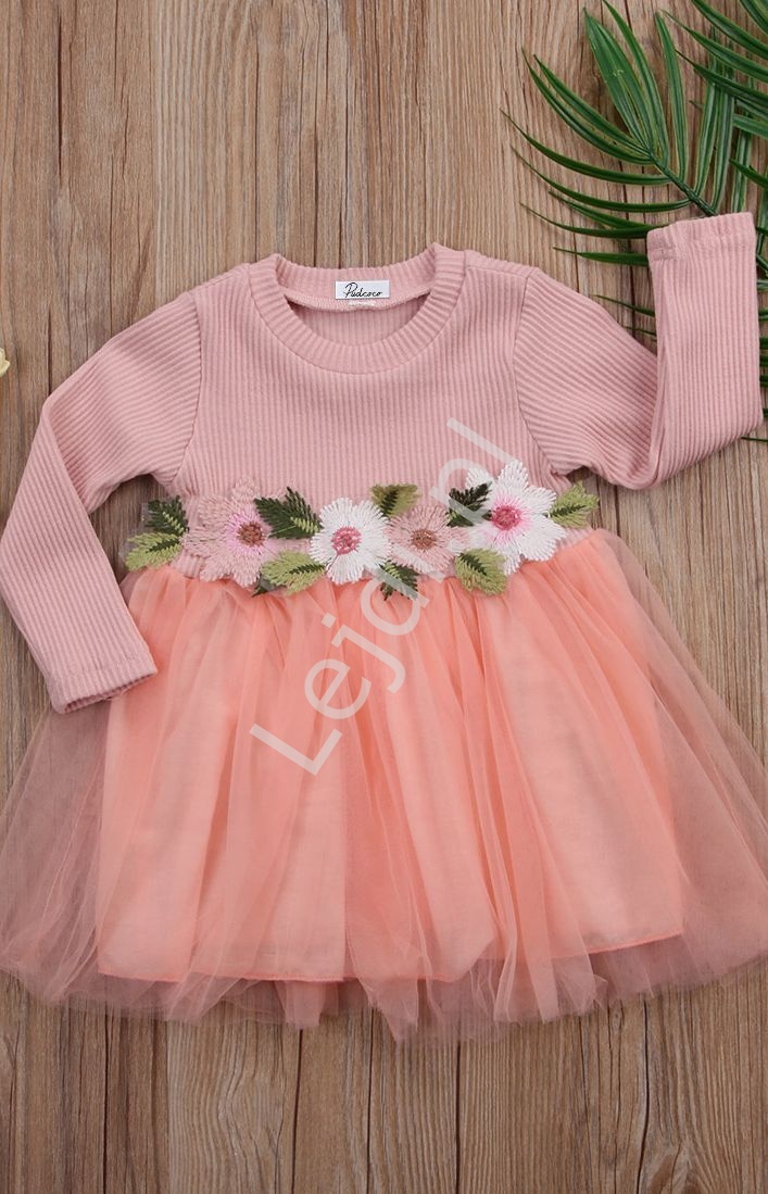 Sukienka dla dziewczynki z haftowanymi kwiatkami i tiulową spódniczką, tutu dress, koralowa 024 - Lejdi