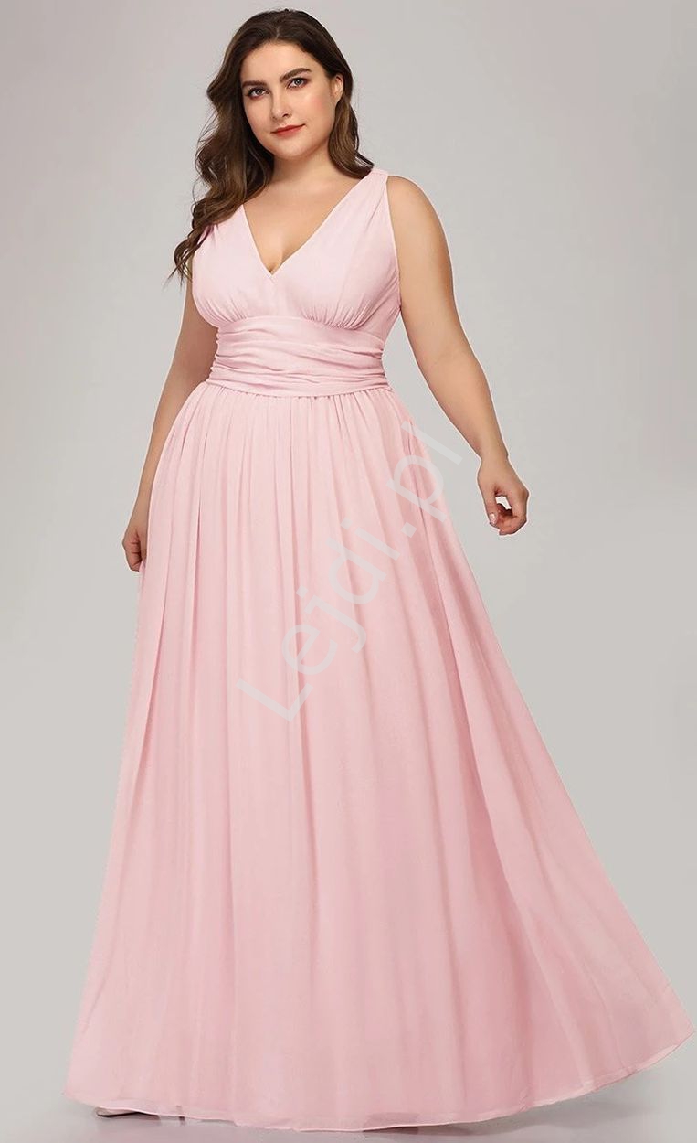 Sukienka dla świadkowej, dla mamy weselnej, wysmuklająca sukienka plus size, jasny róż