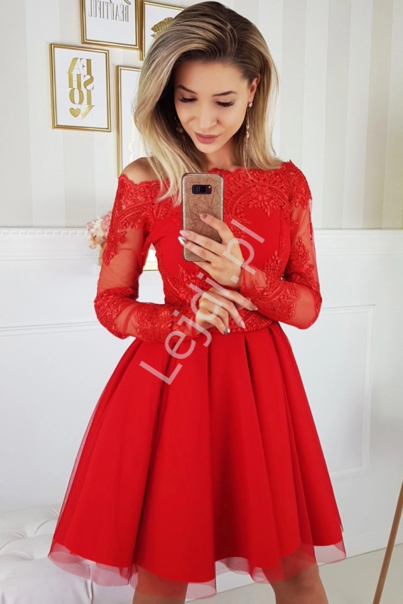 Sukienka Hiszpanka w kolorze czerwonym z rozkloszowanym szyfonowym dołem | czerwona  wieczorowa 2137