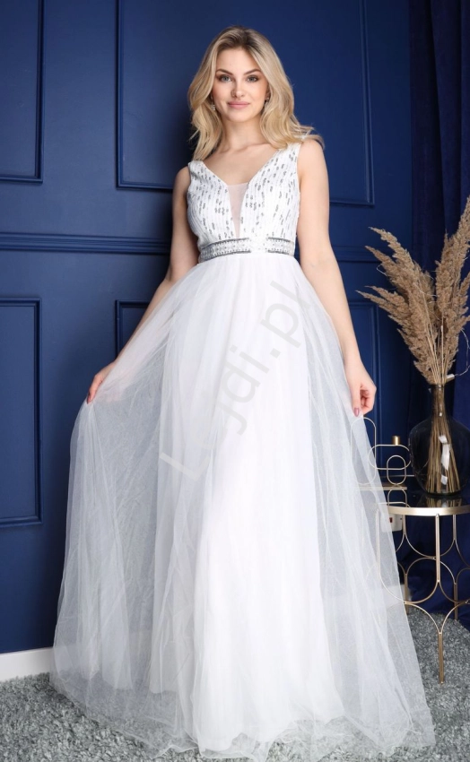 Sukienka na ślub cywilny ze srebrnymi cekinami 0715