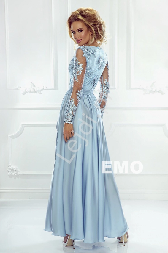 Sukienka Emo Luna na wesele z jedwabstym dołem, wieczorowa błękitna Luna