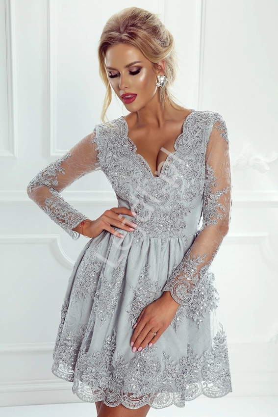 Sukienka na wesele,  srebrna koronkowa rozkloszowana - Amelia 2