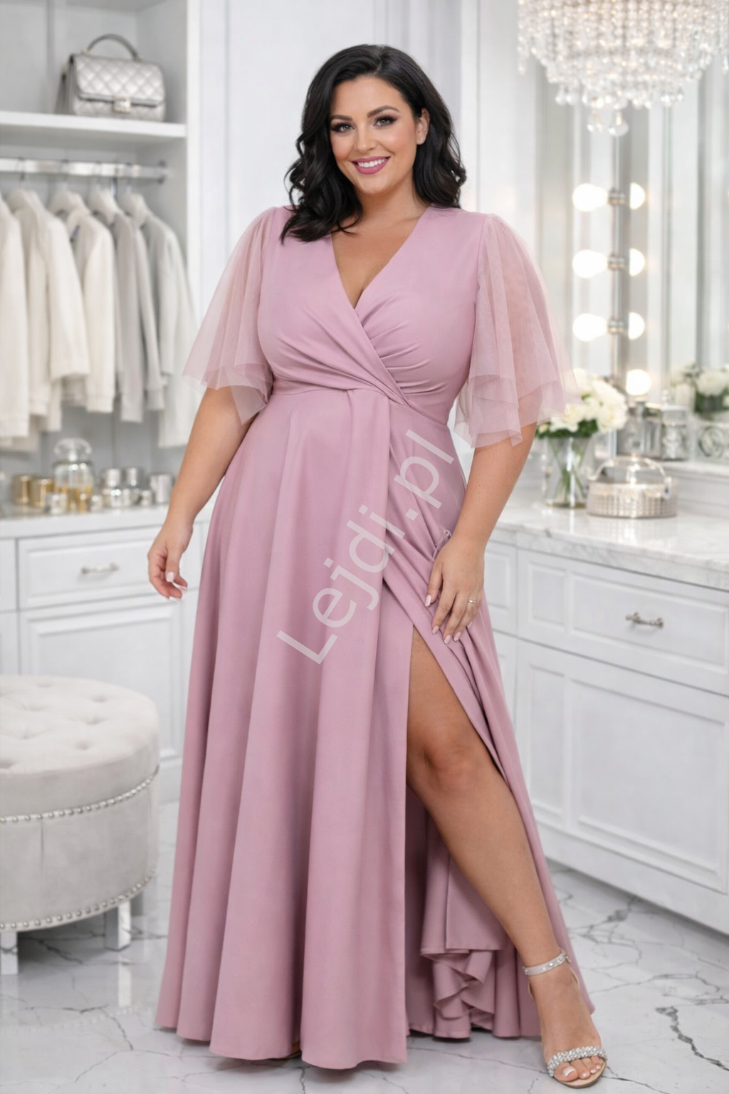 Sukienka na wesele wyszczuplająca z tiulowym rękawem Evita wrzosowa Plus Size