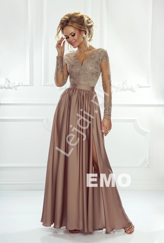 Sukienka na wesele Emo Luna z długim tiulowym rękawem obszytym gipiurową koronką | Karmelowa