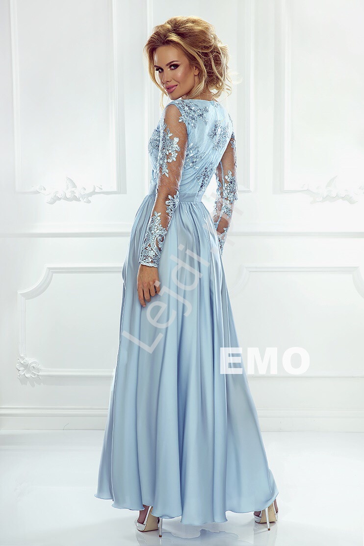 Sukienka na wesele Emo Luna z długim tiulowym rękawem obszytym gipiurową koronką | Karmelowa