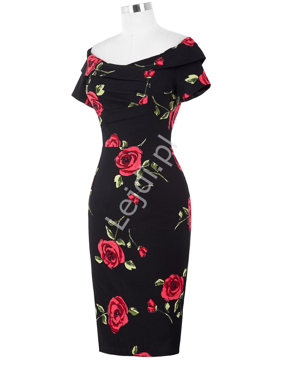 Sukienka ołówkowa czarna w róże  z dekoltem carmen