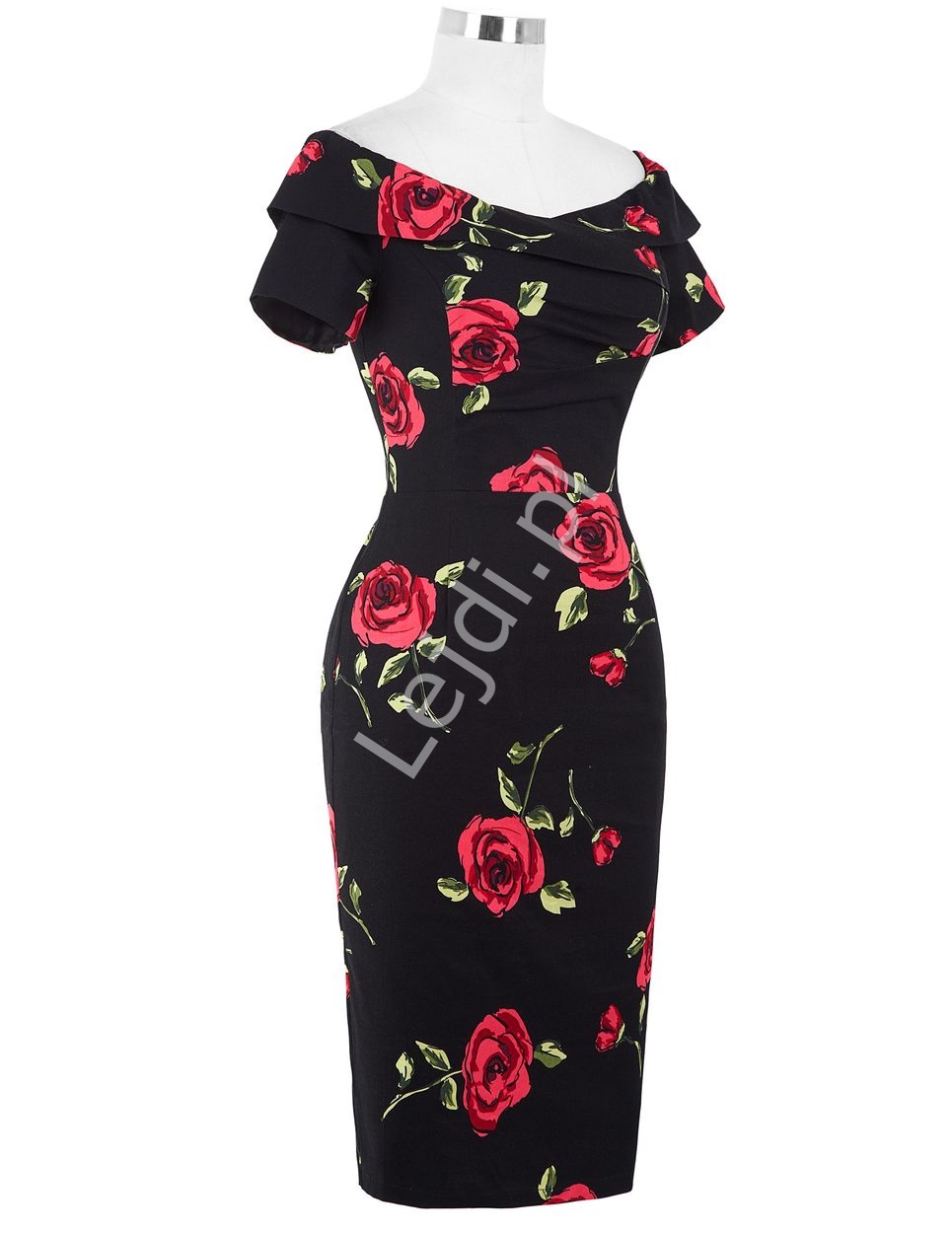 Sukienka ołówkowa czarna w róże  z dekoltem carmen