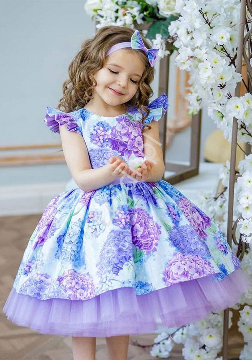 Sukienka w kwiaty dla dziewczynki lawendowa hortensja z opaską