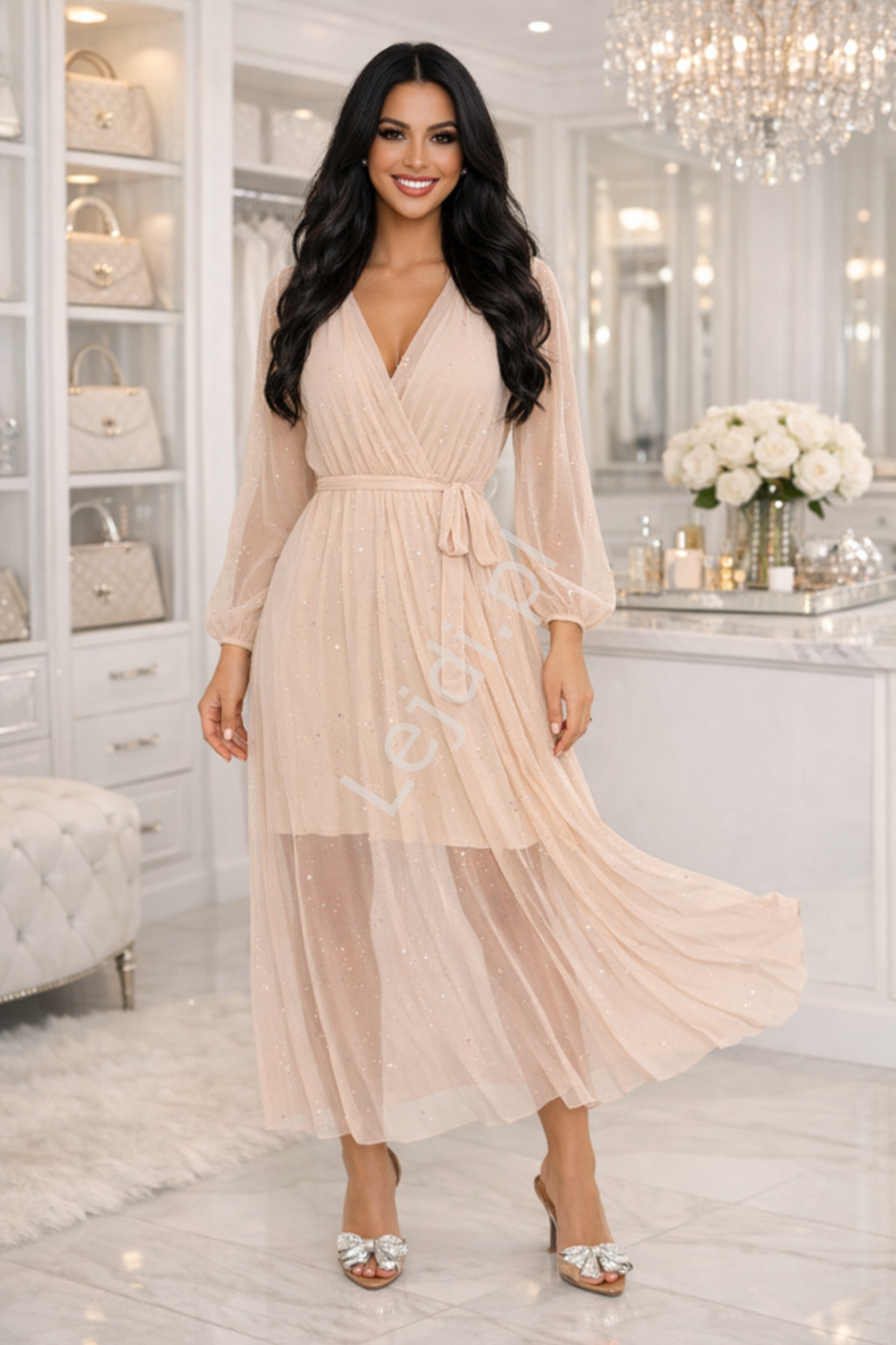 Sukienka wieczorowa beżowa z elastycznej siateczki z mieniącymi się drobinkami Sparkle uniwersalna 38 - 46
