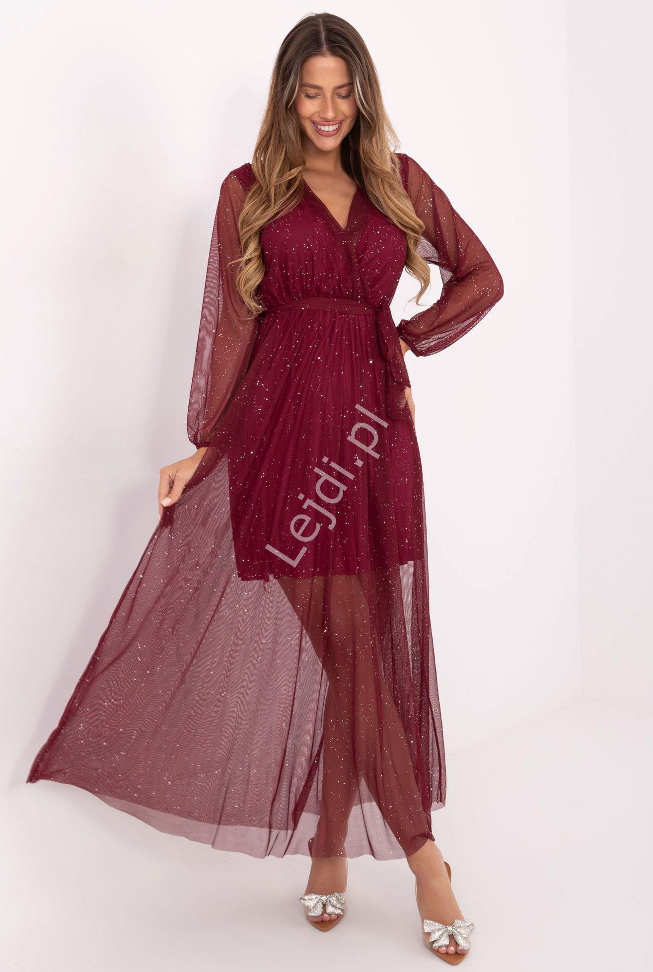 Sukienka wieczorowa bordowa z elastycznej siateczki z mieniącymi się drobinkami Sparkle czarna uniwersalna 38 - 46