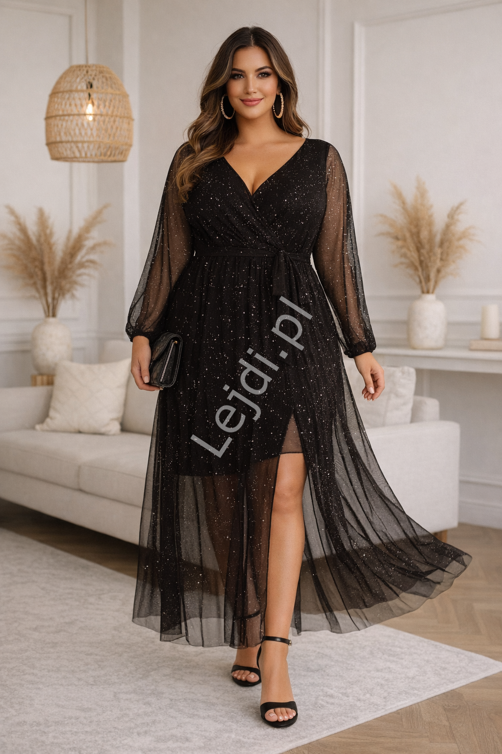 Sukienka wieczorowa czarna z elastycznej siateczki z mieniącymi się drobinkami Sparkle czarna uniwersalna 38 - 46