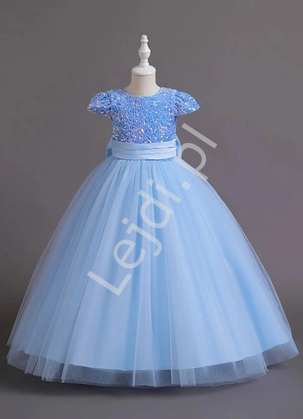 Sukienka wieczorowa dla dziewczynki z cekinami  i tiulowym dołem błękitna C320