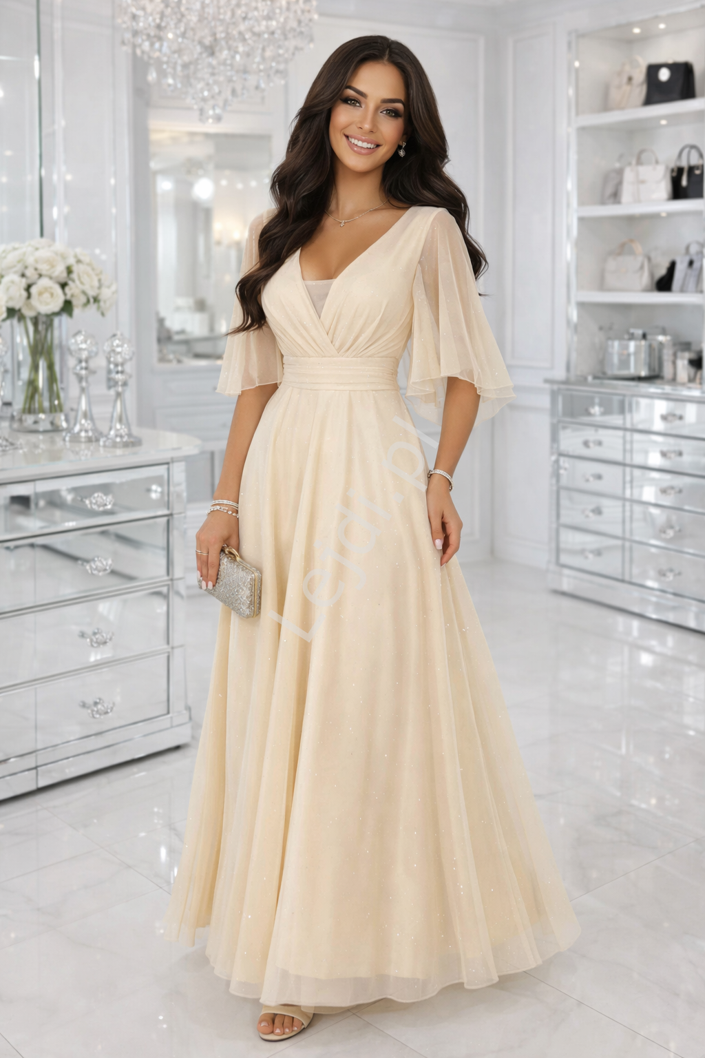 Sukienka wieczorowa z brokatem z rękawem motylkiem, beż Plus Size 654