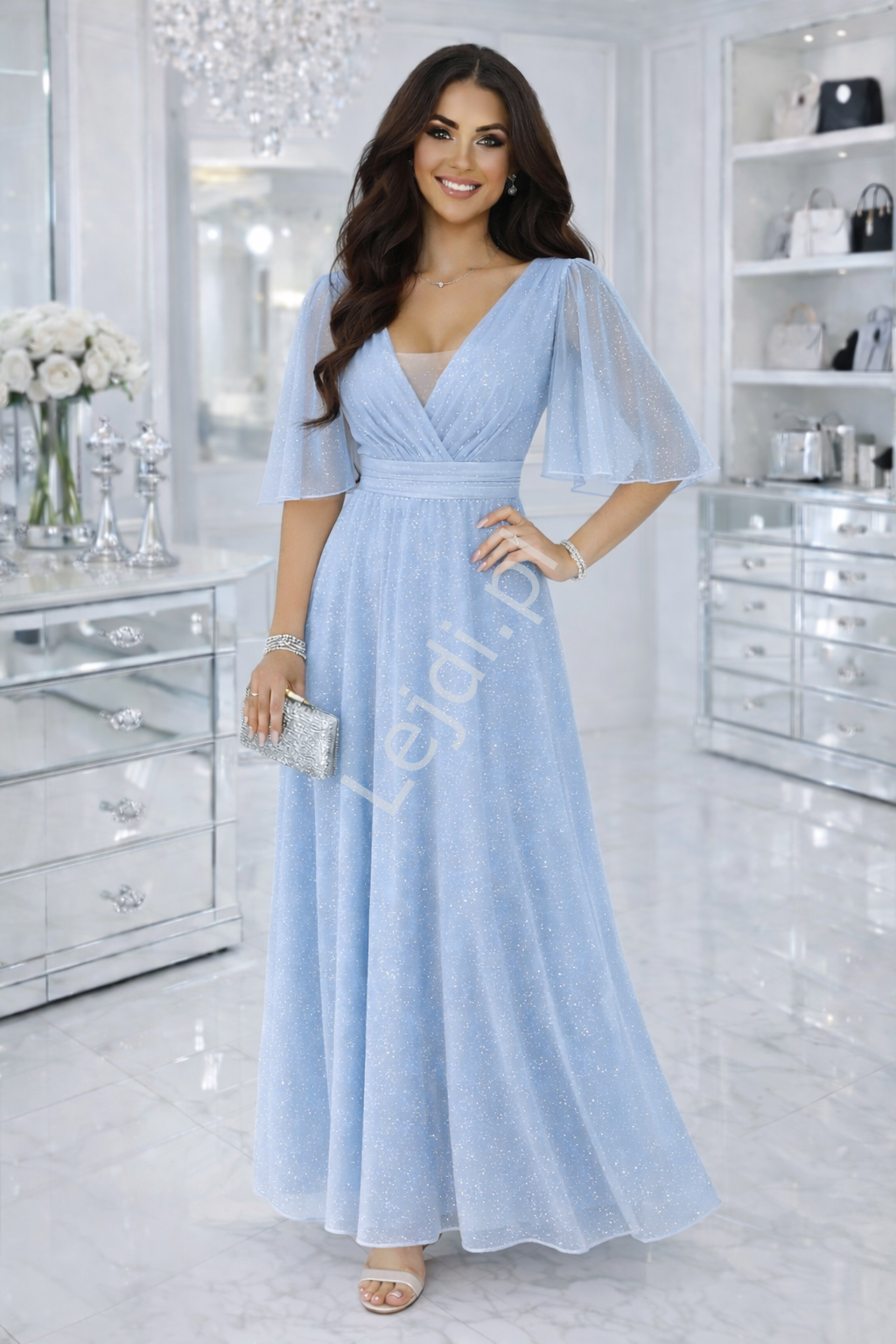 Sukienka wieczorowa z brokatem z rękawem motylkiem, błękitna 654