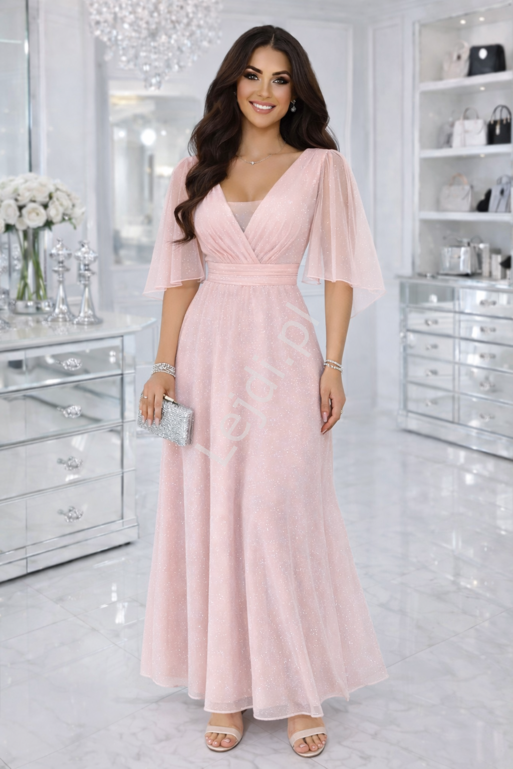 Sukienka wieczorowa z brokatem z rękawem motylkiem, pudrowy róż 654